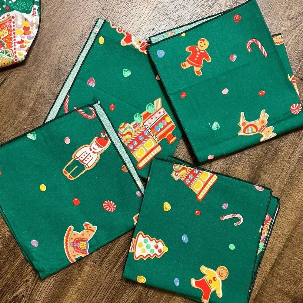 Vintage 1980s Gingerbread House Green Red Tablecloth & Napkin Set 47x52
